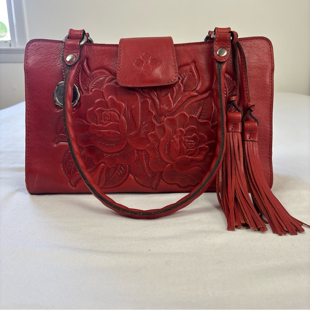 Patricia Nash Rienzo Satchel Purse Rose Floral Tooled Leather Red Tassel Bag